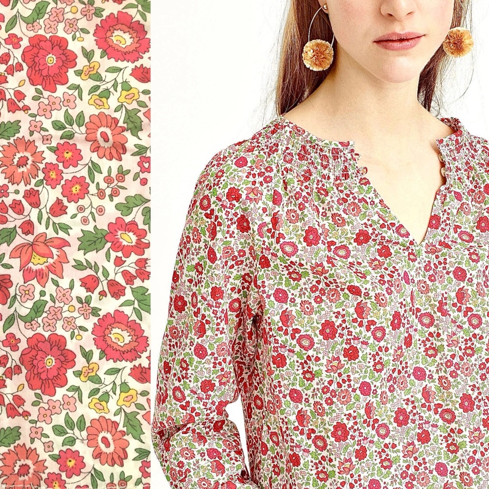 JCrew Peasant Blouse Liberty D'anjo Floral Popover Shirt Top Red White Pink 10